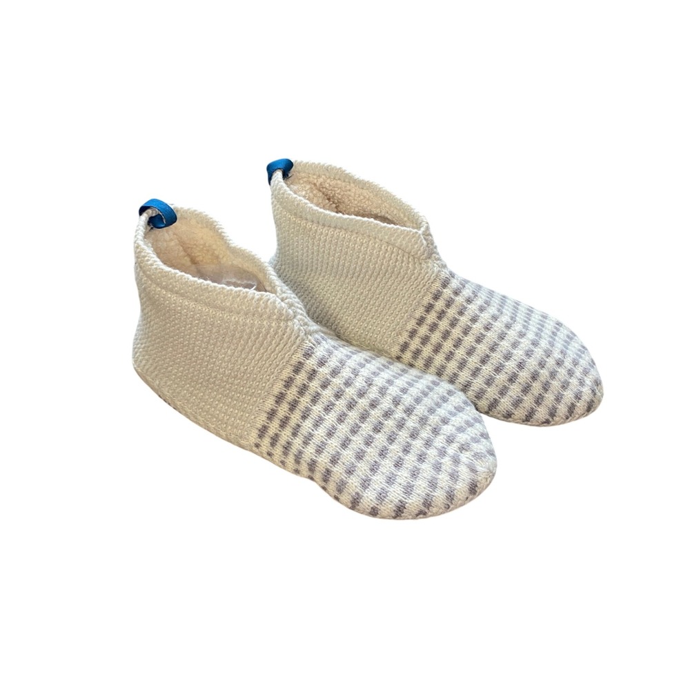 Bombas Womens XL Knit Slipper Booties Cream Grey Checkered Sherpa Lined Non-Slip